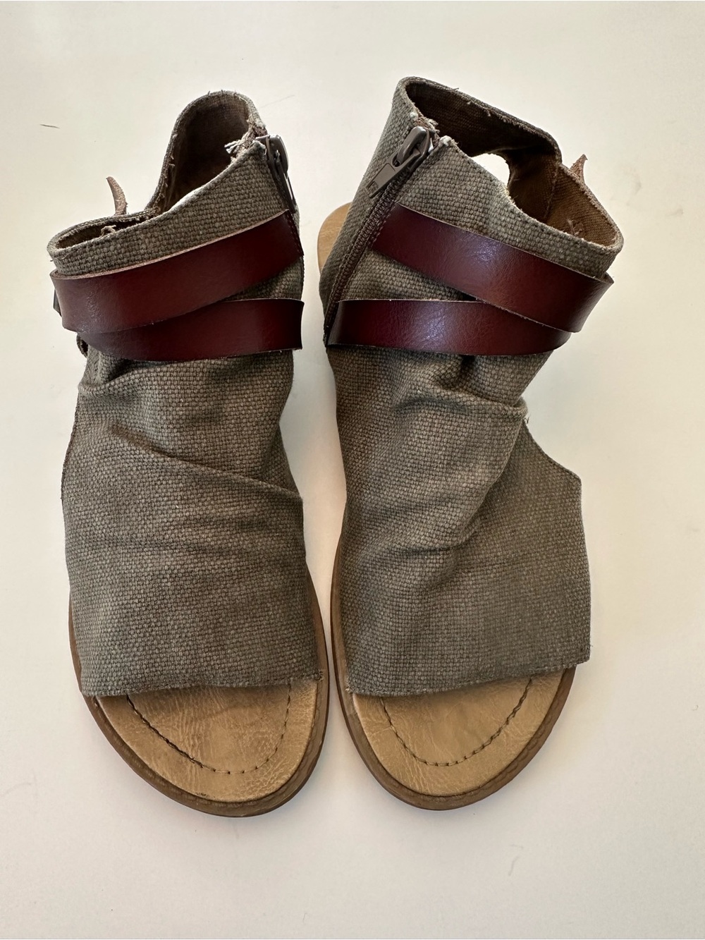 BLOWFISH Malibu Sandal Khaki Canvas Brown Leather Straps Zip Buckle Sz 9